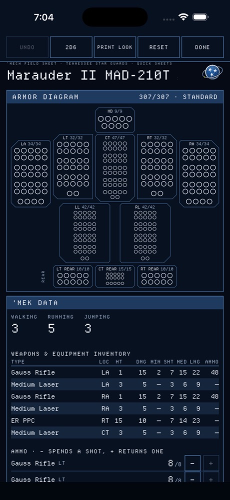 The Field Sheet on iPhone: armor diagram, movement, weapons and ammo.