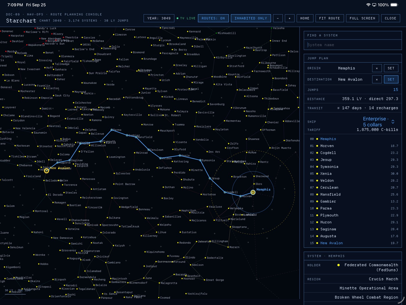 The NAV-OPS starchart on iPad with a plotted 15-jump route from Memphis to New Avalon.